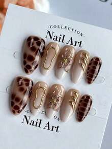 10pcs Brown Almond Shaped Nail Stickers, Playful Y2K Crocodile Print Autumn/Winter Nails, Handmade Gold Flower Short/Medium Fake Nails, Minimalist & Versatile, Suitable For Daily Wear, Parties And Holidays - Removable Press-On Nail Stickers, Nail Extension Stickers, Nail Art Supplies - 棕色 - 查看 4