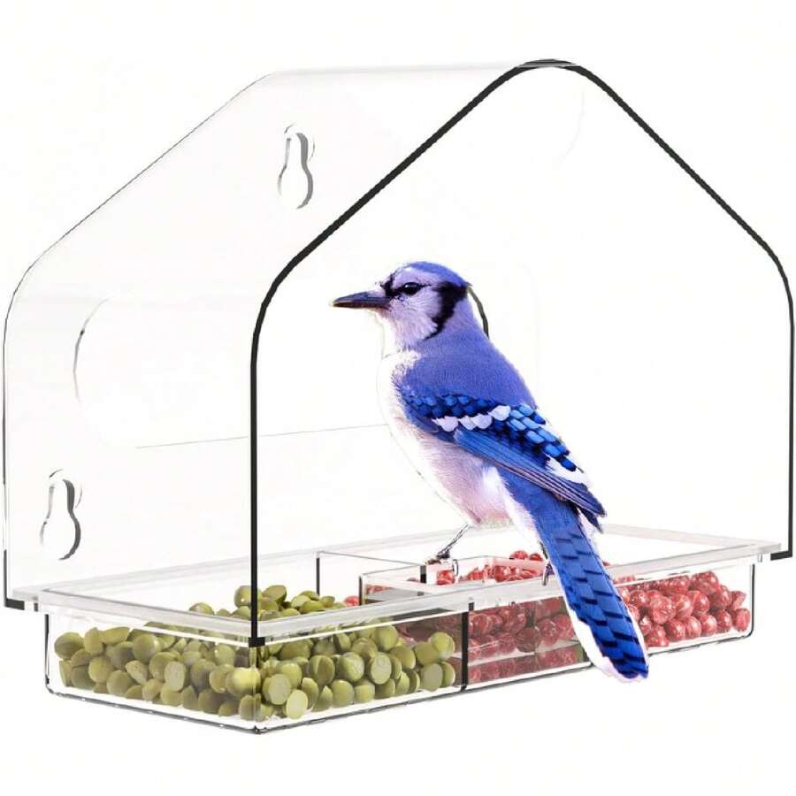 Window Bird Feeder With Strong Suction Cups – Clear Acrylic BirdFeeders Viewing Cardinals,Transparent Acrylic Birdhouse For Bird Watching Gifts For Cats,,With Drain Holes,Removable Tray,28998182 - 彩色 - 查看 1
