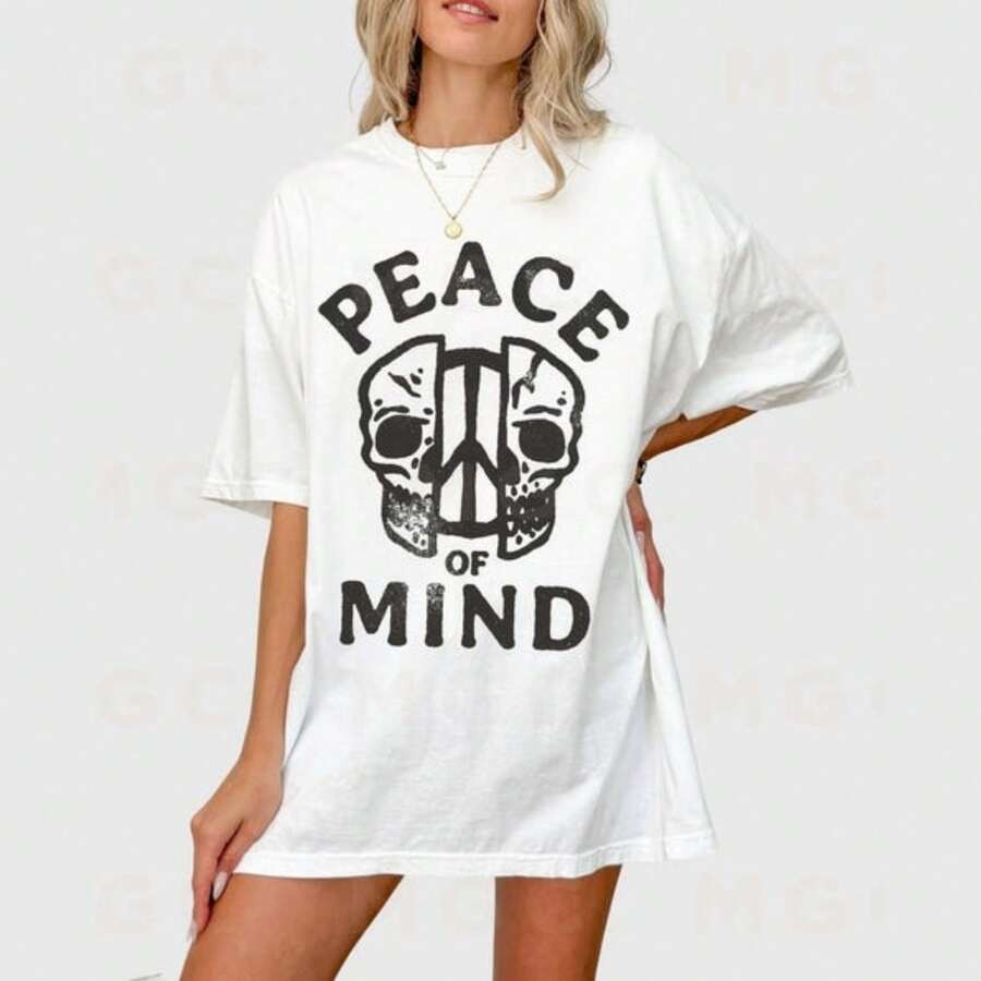 Camiseta con estampado de calavera "Paz mental", estilo grunge, urbana, alternativa, universitaria, ideal para regalo.jpg220g WoM-en's 100% Cotton T-Shirt - Feminine and Comfortable FiT-Suitable for all people, whether woM-en or M-enhigh-quality durable fabric suitable for all seans,ft to the touch but built to lastBreathabletops woM.en fall outfiT.S for woM.en vaC.Ation outfiT.S woM.en halloween costume - Blanco - Ver 1