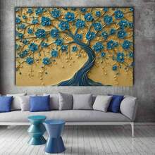 [2D Flat] 1Pc Framed Ready To Hang, Retro Graffiti Tree Tree Of Life Scenery Canvas Wall Art, Modern Abstract Blue & Gold Floral Tree Posters Painting Pictures Wrapped Framed Print, Home Decor Living Room Office Wall Decor For Glam Art Admirers, Ornate 3D Style - 藍色 - 查看 2