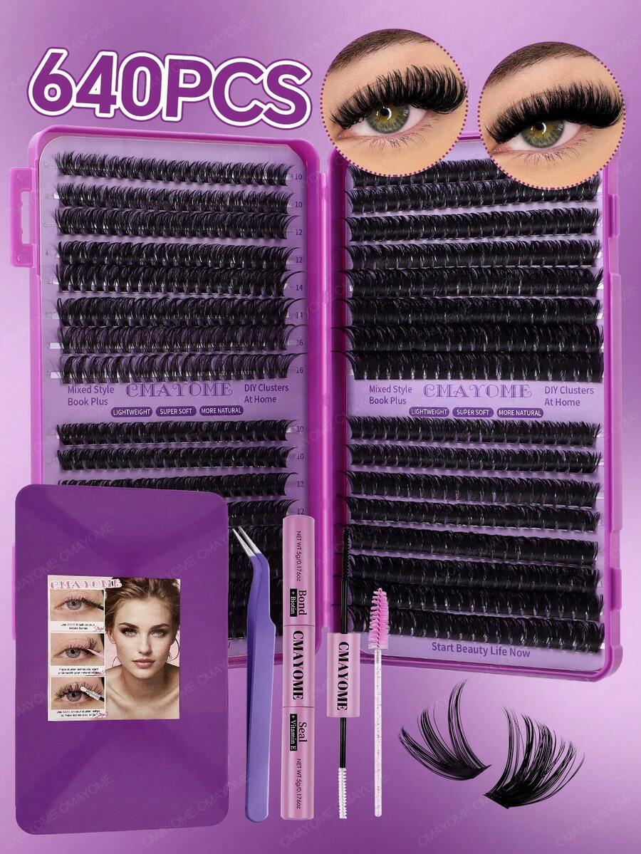 640 Clusters Lashes D Curl Individual Eyelashes Kit, Diy At Home Fake Lashes Set, Beginner Friendly, Lashes+Tweezers+Mascara Wands+Eyes Glue, Diy At Home, Easy To Use, Long Lasting False Lashes Extensions, Soft And Natural Look&Fluffy Thick Mixed Style High Capacity False Eyelashes With Bond And Seal, Tweezers, Brush, Suit For Makeup Starter, Diy Eyes Makeup Beauty - Multicolor - View 1