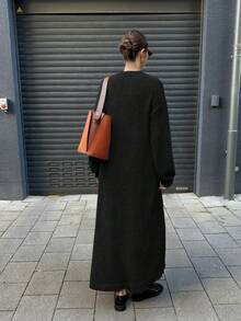 FOR BEAUTY Solid Autumn And Winter New Loose Leisure Commuting Sweater Women's Simple And Fashionable Knitted Cardigan Long Coat Christmas Top Slouchy New Year