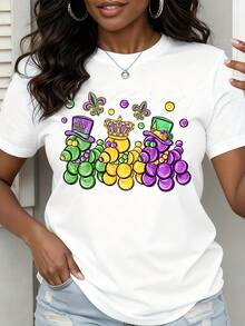 Mardi Gras Party T Shirt Festive King Cake Design Purple Green Gold Colors Fleur De Lis Hat Crown Graphic Tee For Women Men Unisex Casual Wear - 白色 - 查看 1