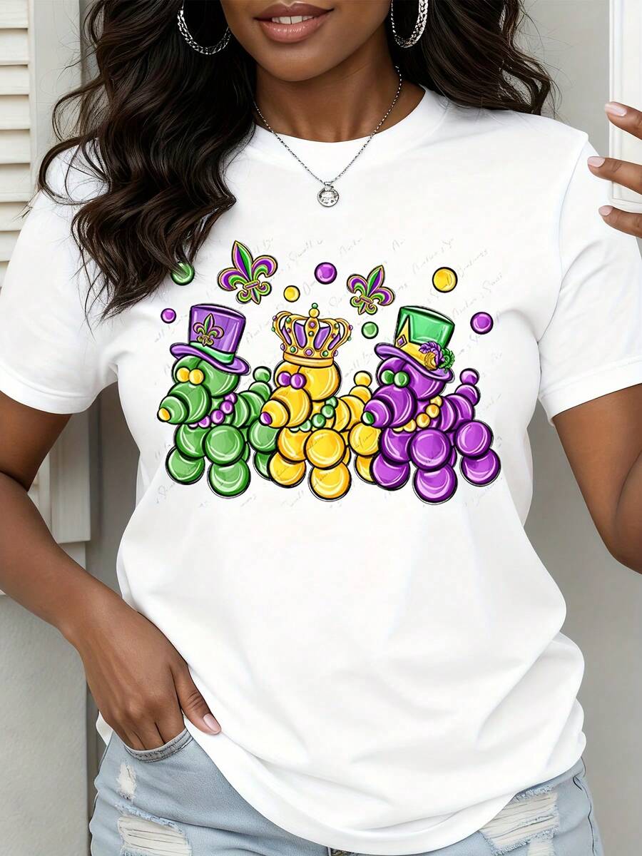 Mardi Gras Party T Shirt Festive King Cake Design Purple Green Gold Colors Fleur De Lis Hat Crown Graphic Tee For Women Men Unisex Casual Wear - 白色 - 查看 1