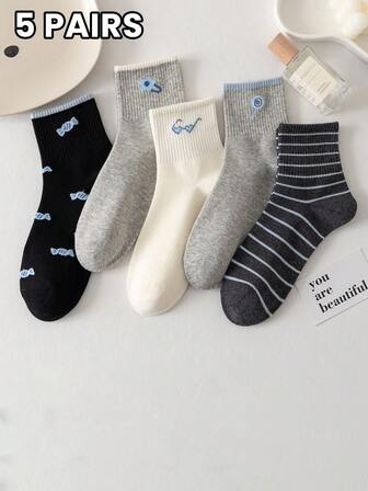 5 pares de calcetines medianos para mujer, azul-gris, y con lindos diseños a rayas de estilo japonés, de moda, absorbentes del sudor, transpirables, sencillos y versátiles para uso casual