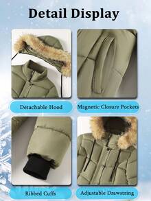 Women's Mid-Length Winter Coat Casual Fleece-Lined Windbreaker Detachable Hood With Drawstring Built-In Pockets, Two-Way Zipper Stylish Quilted Hooded Jacket Casual Outdoor Winter Top Perfect For Daily Wear, Commuting, Holidays, Gift - 軍綠色 - 查看 5