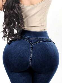 Women's High Waist High Stretch Button Yoga Butt-Lifting Solid Color Casual Date Jeans, Autumn Fashion Pants, Suitable For Halloween And Christmas Parties - Dark Wash - View 7