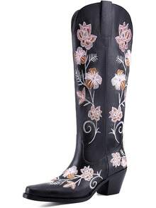 Women's Western Cowboy Boots Knee High, Floral Embroidered Vintage Cowgirl Boots With Pointed Toe & Chunky Heel, Pull-On Tabs For Country Style, Concert, Party And Daily WearChristmas - 經典黑色花卉 - 查看 8