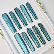 Premium Handmade Cat Eye Long Square Press On Nails, Magnetic Shimmer Gradient, Galaxy Effect Nail Set, Party, Night Glam Summer - 藍綠色 - 查看 4