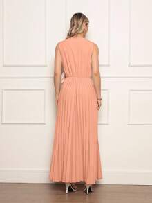 Sleeveless Pleated Maxi Dress With V-Neck And Adjustable Waist - Elegant And Versatile For Events - 鮭魚 - 查看 4