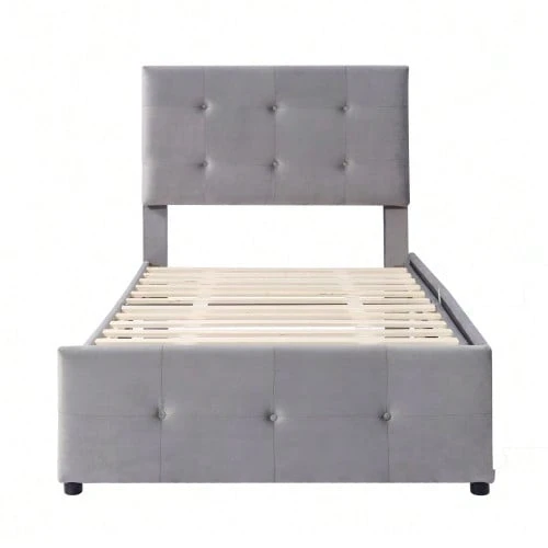 Upholstered Bed 90 X 200 Cm, Slatted Bed With Headboard And Two Drawers, Soft Velvet Fabric, Beige Single Bed, Children's Bed, Junior Bed, Guest Bed (Without Mattress) - Grey - View 1