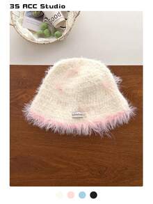 Minimalist Knitted Bucket Hat With Elegant White Bow, Women's Warm Ear Protection Large Head Circumference Knitted Hat, Sweet Cute Handmade Crochet Knitted Hat, Versatile Knitted Hat With Ear Protection, Bucket Hat