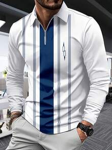 Camisa polo de manga larga con media cremallera, a rayas azul y blanco, de estilo deportivo casual para hombre. Prenda con cuello ideal para el trabajo, el trayecto y como regalo versátil para novio o esposo, para primavera/otoño
