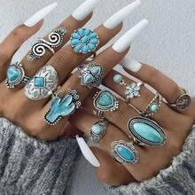 10/20/30枚合成绿松石镶嵌合金戒指套装，复古波西米亚风格，混搭尺寸，情侣戒指，适合派对/婚礼/日常佩戴，时尚饰品，最佳礼物 - 銀色 - 查看 5