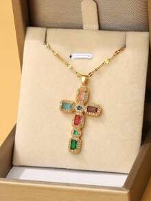 1pc Copper Material Micro-Inlaid Colorful Zirconia Cross Pendant, Luxurious & Generous, Titanium Steel Lip Chain, Religious Jewelry Gift, Essential For Women's Daily Commute - 金子 - 查看 5