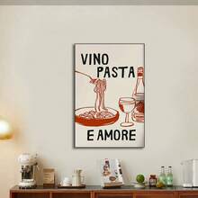 1幅无框现代风格“Vino Pasta Amore”墙面艺术海报，黑色画框，现代家居装饰，适用于客厅、厨房、办公室、餐厅、室内/室外，厨房装饰