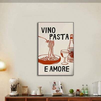1 pezzo cartellone da parete "Vino Pasta Amore" in stile moderno, senza cornice, cornice nera, decorazione contemporanea per casa, adatto per soggiorno, cucina, ufficio, sala da pranzo, interno/esterno, decorazione cucina