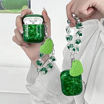 1pc IMD New Jade Green Seashell Pattern Anti-Drop Earphone Case + Heart-Shaped Lanyard Bluetooth Earphone Case Protector Compatible With Apple 1st/2nd/3rd/Pro/Pro 2nd Generation, Creative Design For New 4th Generation