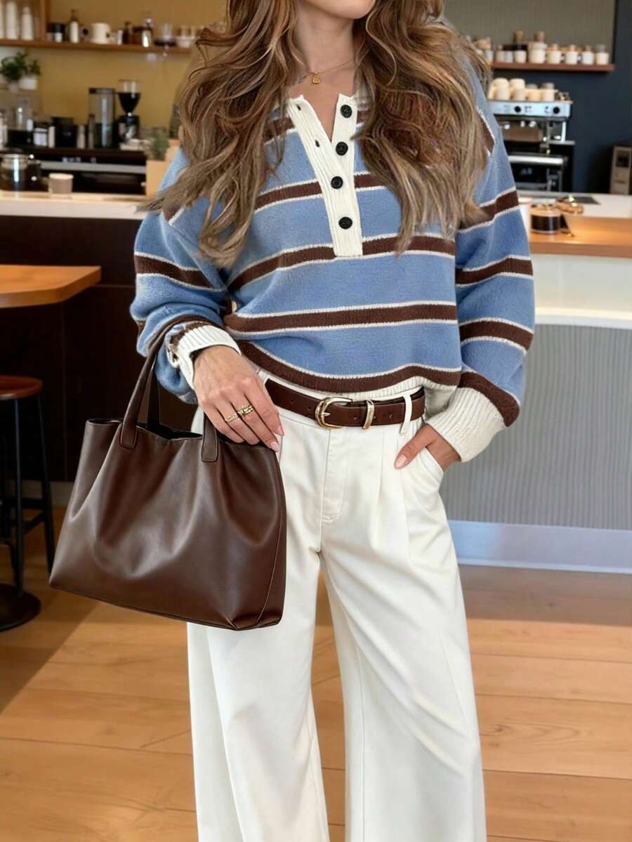 Áo Polo dài tay dệt kim kẻ sọc phối màu tương phản dành cho nữ, thu đông của FOR BEAUTY, thời trang, nhẹ nhàng, tối giản, đa năng, phong cách thường ngày thoải mái, phù hợp cho việc đi lại hàng ngày, dễ chịu, áo mặc năm mới. - Hoa lan - Xem 1