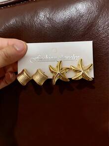 4-8pcs Gold-Tone Women Earrings Set, Hollow + Vertical Stripe Heart, Delicate Starfish + Crescent Moon Shaped. Fashionable & Unique, Suitable For Travel, Party, Work Commute - Gold - View 4