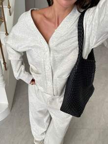 GAOVOT 女士连帽两件套宽松休闲街头运动V领单排扣开衫外套和宽松直筒阔腿裤套装 春季 - 白花灰 - 查看 8