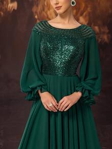 YISIKADO Elegantes Maxikleid für Damen mit Pailletten-Verzierung, weitem Saum und rundem Ausschnitt - Dunkelgrün - Übersicht 6