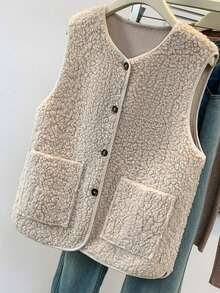 YUXIN 秋冬季女士必备单品！柔软仿羊羔绒无袖开衫背心，配有双口袋，超级保暖，日常百搭。 - 杏色 - 查看 5