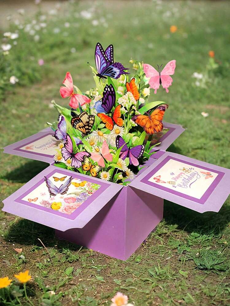 Butterfly Pop Up Card Box, Accompanied By An Exquisite Envelope, Valentine's Day Pop-Up Box, 3D Pop Up Birthday Cards, Happy Birthday Gifts Cards For Women, Daughter, Mom, Sister, Friend, Butterflies & Flowers Greeting Card With Blank Notecard & Envelope - Multicolor - View 3