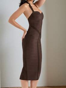 1 chiếc đầm dệt kim màu trơn thanh lịch, hở lưng, dây chéo, thích hợp cho tiệc tùng, đi biển, kỳ nghỉ, mọi mùa hè. - Màu nâu tối - Xem 5
