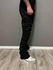 leev Skinny Stretch Denim Jeans, Versatile Streetwear Fashion Slim Fit Cotton Washed Denim Flare Leg Pants - 黑色 - 查看 3