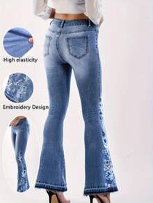 Women's Jeans, Floral Embroidered Flared Style, Casual And Versatile All Year Round, Washed Blue Women's Jeans. - Màu xanh lam - Xem 3
