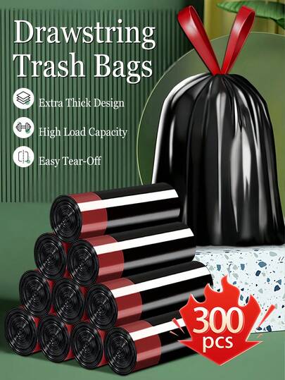 300个/包抽绳垃圾袋，加厚黑色垃圾袋，适用于厨房和浴室，大号，防漏，防刺穿，自封口，适用于湿垃圾，家庭和商业用途，垃圾桶内衬，隐私保护，易撕