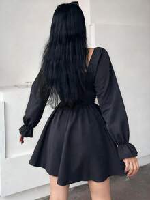 女士纯色长袖褶皱休闲迷你连衣裙 - 黑色 - 查看 2