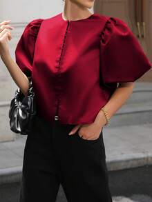 女士纯色短袖衬衫，简约时尚，适合夏季 - 紅色 - 查看 3