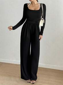 Women's Casual Pleated Loose Straight Jumpsuit - Black - View 4