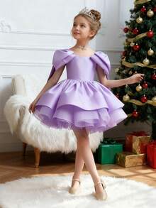 少女优雅紫色缎面短袖迷你派对连衣裙，适合生日派对、庆典、婚礼、拍照、新娘装、舞会、毕业典礼、晚礼服、夏季、复活节、度假等场合。 - 淡紫色 - 查看 7