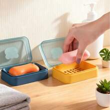 1 pieza Plato de jabón creativo con diseño de drenaje - Soporte de jabón de plástico transparente rectangular, organizador de baño ahorra espacio para el hogar, dormitorio, balcón