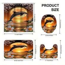 1/4 Stücke Springender Delfin Badezimmer Vorhang Set, beinhaltet 12 Haken Duschvorhang, rutschfester Teppich, Toilette-Sitzabdeckung, Badematte, wasserdichter waschbarer Duschvorhang, Badezimmer Dekoration, Badewannenvorhang, 180*180cm/70,8*70,8 Zoll - Verschiedenfarbig - Übersicht 7