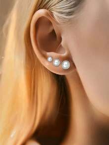 1对/2件 简约复古小巧香氛圆形纽扣仿珍珠耳环 女士不锈钢首饰 - 銀色 - 查看 1