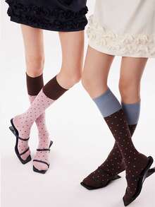 1双女士过膝袜，韩版波点撞色护腿袜，甜美百搭的罗纹过膝袜，复古学院风，撞色过膝袜，秋冬季 - 彩色 - 查看 3