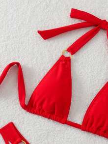 Bộ bikini hở lưng gợi cảm màu trơn thanh lịch vòng tròn dành cho nữ - Đỏ - Xem 3