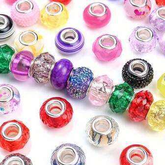 30 PCS Large Hole Glass Beads For Jewelry Making European Beads Bulk Mixed Color Spacer Beads With Rhinestones Lampwork Beads For DIY Craft Charms Bracelet Necklace Earring Making
