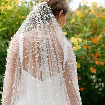 1pc 3M Wide Bridal Veil With Densely Sewn Artificial Pearls, Cathedral Length Train, Wedding Ceremony Veil Accessory