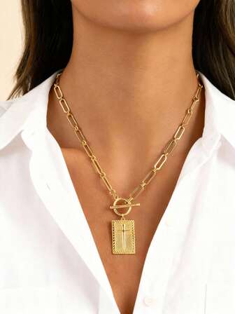 1 件套金银十字架吊坠项链，适合女士，带扣矩形十字架吊坠项链，精致回形针链宗教珠宝礼物，适合基督教信仰、洗礼、初次圣餐