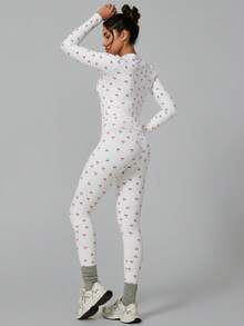 NcmRyu 1 Set Women Elastic Round Neck Printed Long Sleeve Tight Pants Sportswear Set - White - View 5