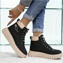 Women's Style, A Must-Have For Autumn And Winter. It Features Black Fleece Splicing, Laces, And A Thick Sole. Comfortable And Non-Abrasive To The Feet, These Short Boots Are A Staple For Street Strolling. Made Of Leather Material, The Thick Sole Makes Walking Effortless. They Are Stylish And Warm Boots, Perfect For Daily Outings Without Any Pressure. - Black - View 5