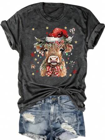Howell Christmas Graphic T-Shirt - Festive Cow Wearing Santa Hat And Lights Print, Soft And Casual Crew Neck Top Women's Casual Short-Sleeved Round Neck Plus Size T-Shirt