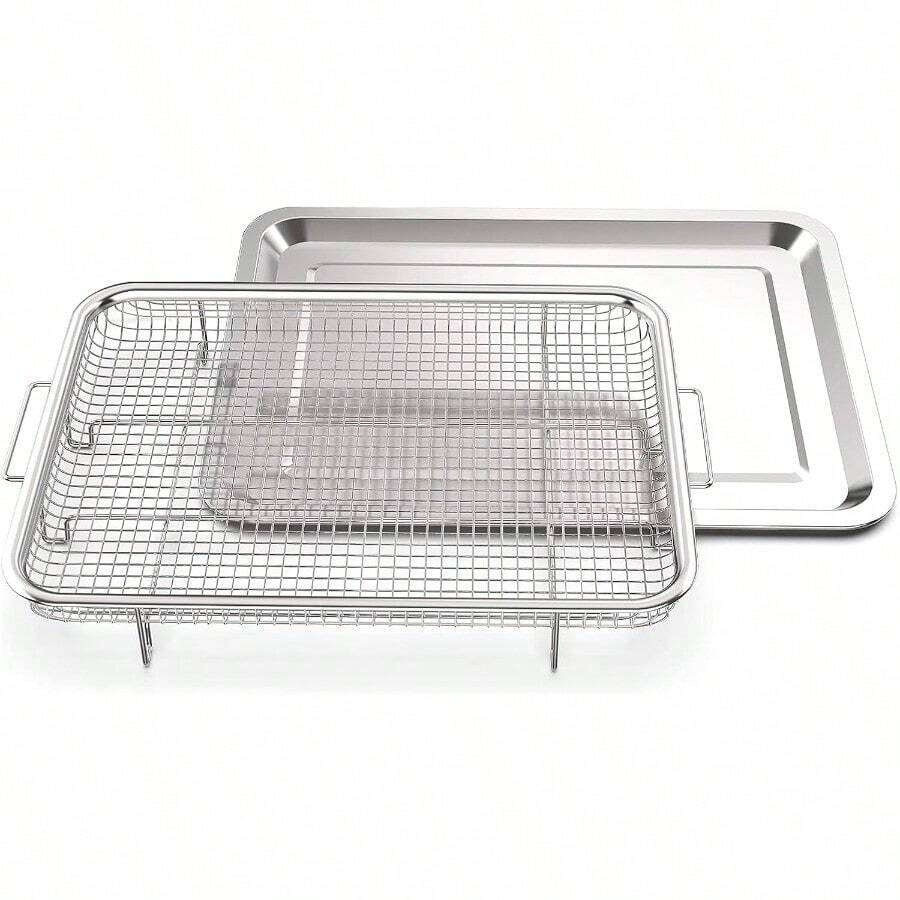Large Stainless Steel Air Fryer Basket 39.6 X 29.5 Cm With Crisper Tray Silver Large - Silver - View 1