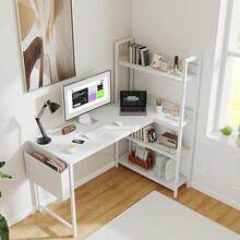 DUMOS Computer L Shaped Desk With Shelves 47 Inch, Reversible L-Shaped Corner Desks With Storage Monitor Stand Adjustable Bookshelf Side Bag, Wood Table For Home Office Bedroom Writing Gaming, White - White - View 3