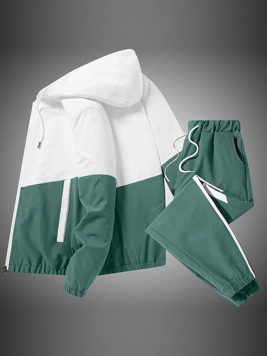 YINGHU 2pcs Men Casual Sports Suit, Hooded Zipper Color Block Jacket, Drawstring Pocket Sports Pants, Suitable For Spring/Autumn Fitness, Running, Sports - Green - View 1